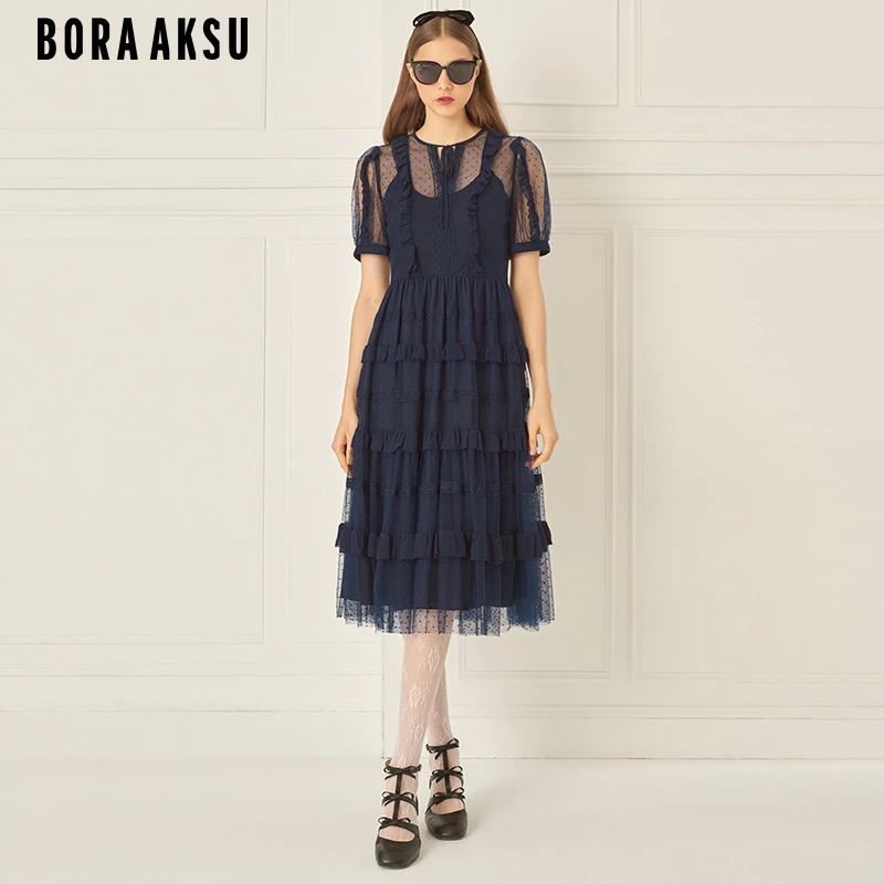 商场同款BORA AKSU2024复古泡泡袖层叠花边装饰连衣裙B1ECW63660
