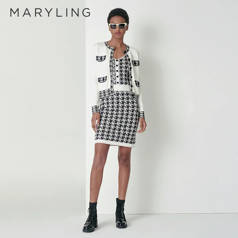MARYLING玛俪琳2022秋季经典黑白千鸟格针织吊带连衣裙A1CFW04630