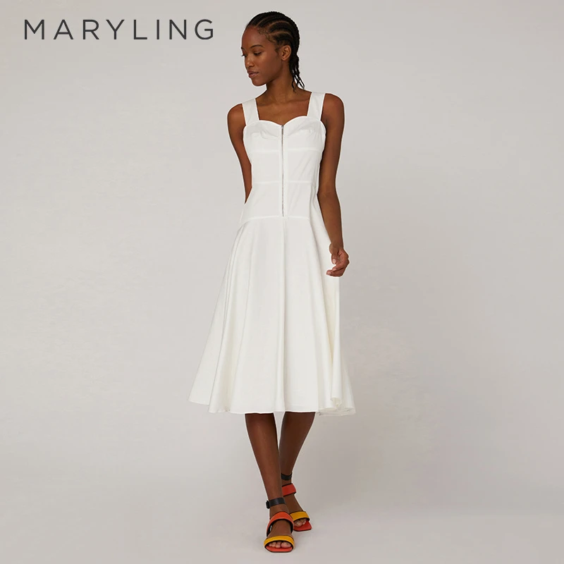 MARYLING玛俪琳夏季米白色百搭吊带裙水洗牛仔连衣裙女A1CCW62320