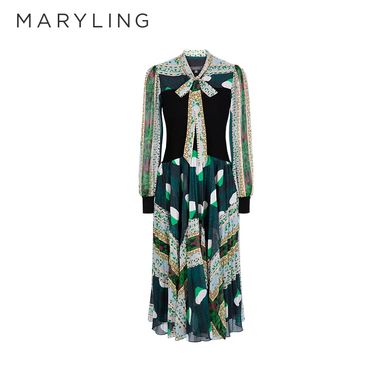 MARYLING玛俪琳初秋新品复古优雅绿色长袖印花连衣裙女A1DGW61720
