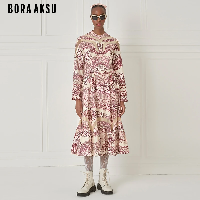 BORAAKSU秋季复古优雅杏底艺术花痕印花长款连衣裙女B1DGW61030