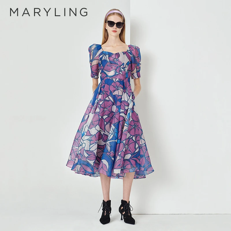 MARYLING玛俪琳夏季V领泡泡袖大裙摆欧干纱印花连衣裙A1DCW61340