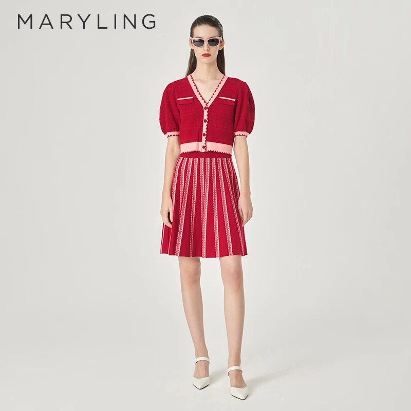 MARYLING玛俪琳2024夏季新品撞色提花V领泡泡袖针织衫A1ECW08420