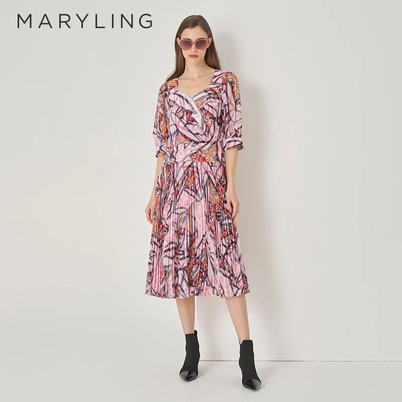 MARYLING玛俪琳初秋新品气质方形领印花连衣裙碎花A1DFW62360
