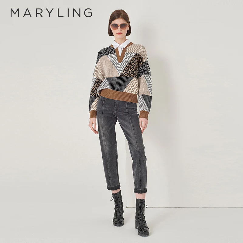MARYLING玛俪琳冬季优雅知性驼色提花宽松针织套头衫A1DHW02410