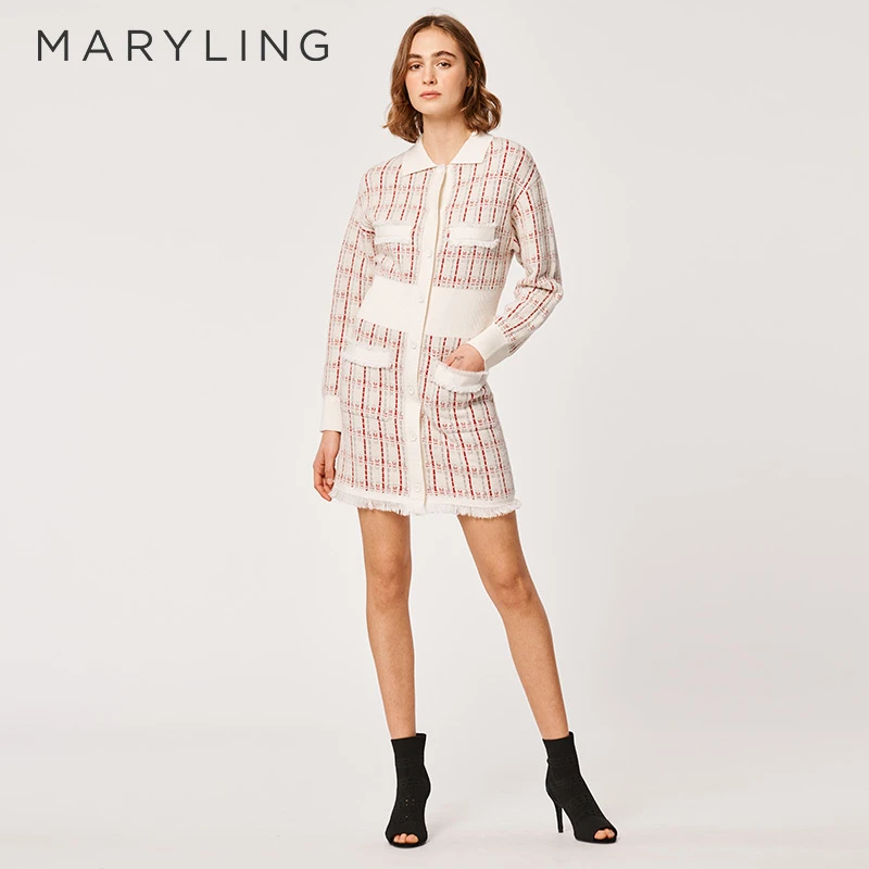 MARYLING玛俪琳202时尚轻奢2复古格纹针织裙翻领连衣裙A1BA04180