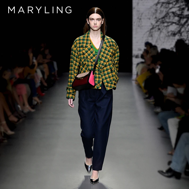 MARYLING 玛俪琳优雅带口袋黄绿格子外套复古短款上衣A1CHW90100