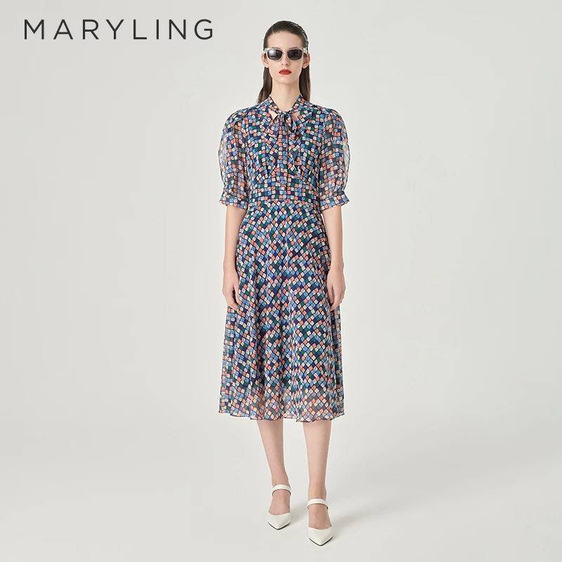 MARYLING玛俪琳2024夏季新品知性优雅V领印花连衣裙女A1ECW65020