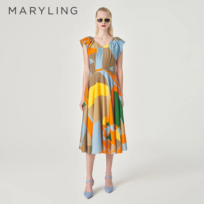 MARYLING玛俪琳24夏季新品蝴蝶式泡泡袖V领印花连衣裙A1ECW61300