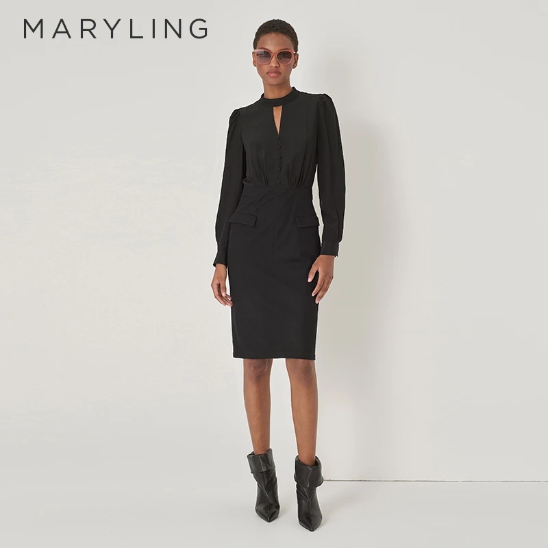 MARYLING玛俪琳秋性感优雅黑色镂空领收腰泡泡袖连衣裙A1DGW62400