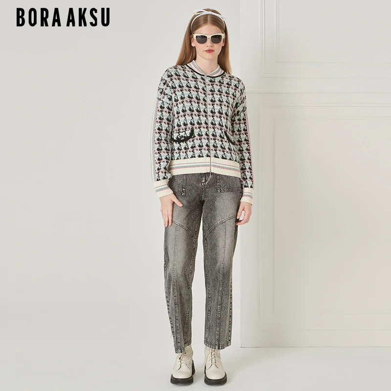 商场同款BORA AKSU复古质感千鸟格提花肌理针织开衫B1DHW08320