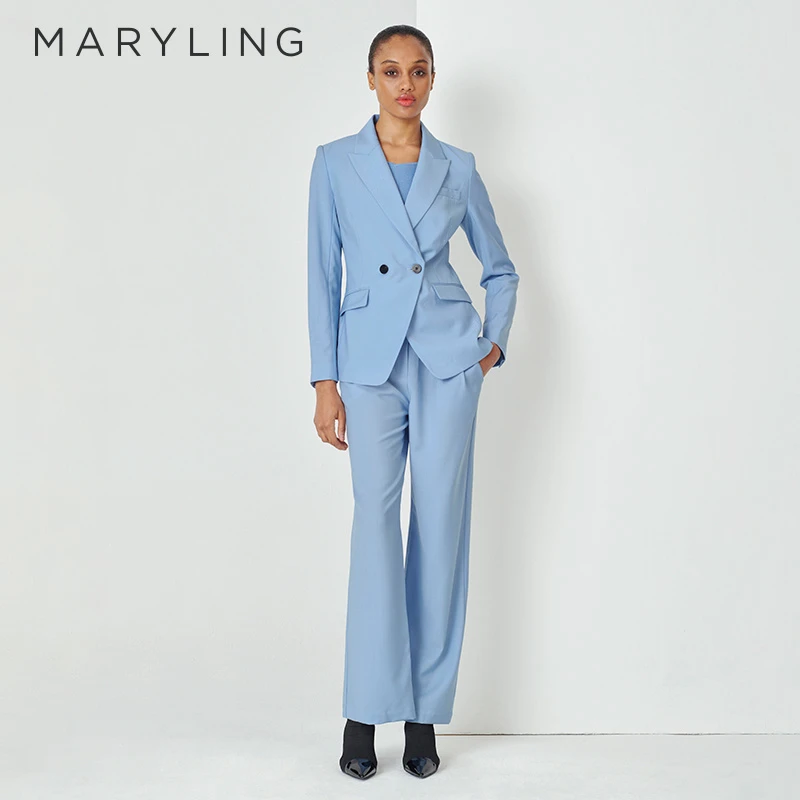 MARYLING玛俪琳春夏时尚浅蓝色尖领双排扣长袖修身西装A1DAW10040
