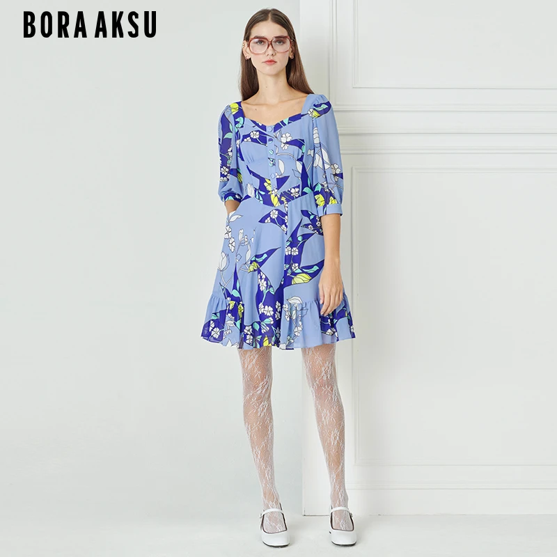 BORAAKSU春季新品钻石领泡泡袖蓝调几何印花气质连衣裙B1DBW63320
