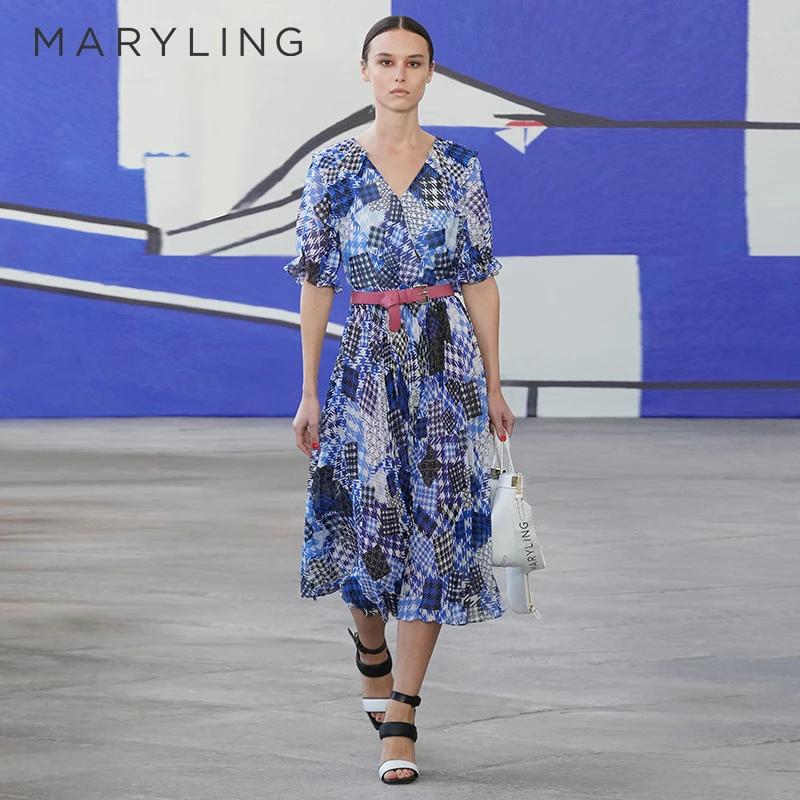 MARYLING玛俪琳夏季蓝色千鸟格拼图印花V领连衣裙A1CBW61380
