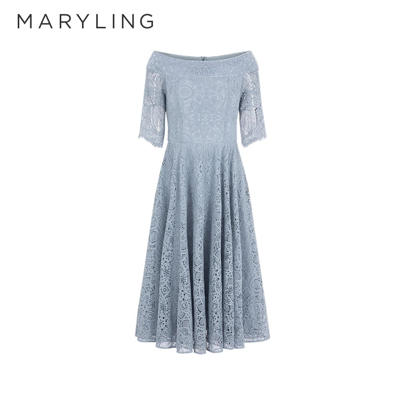 MARYLING玛俪琳春夏季优雅气质雾蓝色法式领蕾丝连衣裙A1BA67080