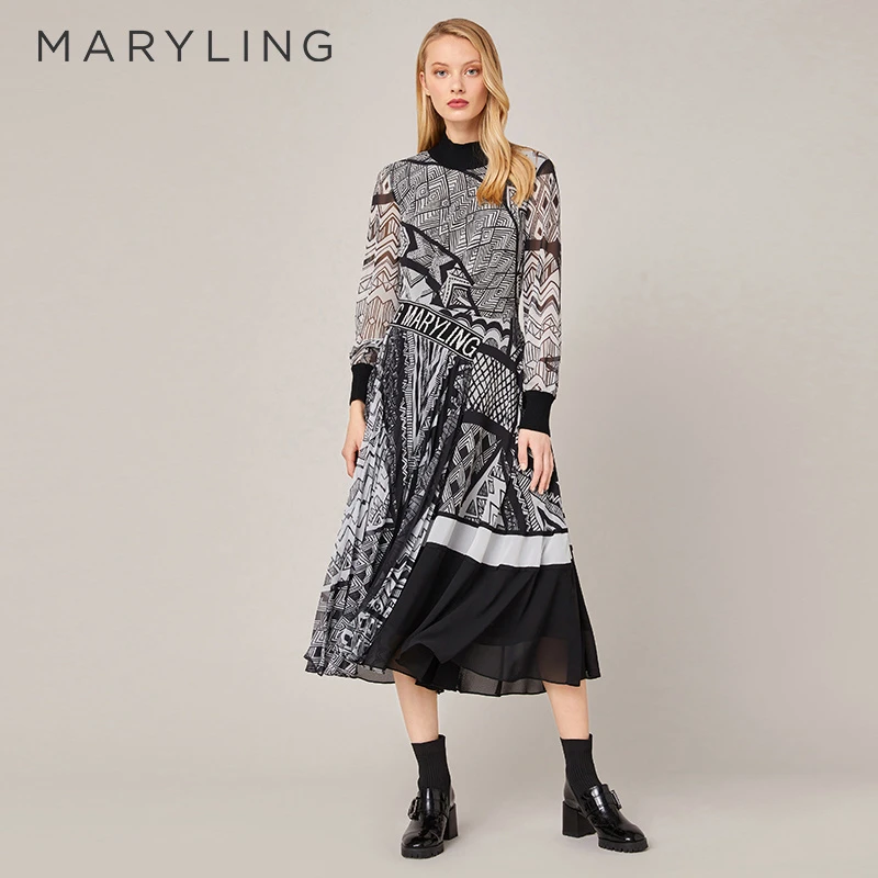 MARYLING玛俪琳秋季时尚七巧秘境印花气质百褶连衣裙A1BGW65540