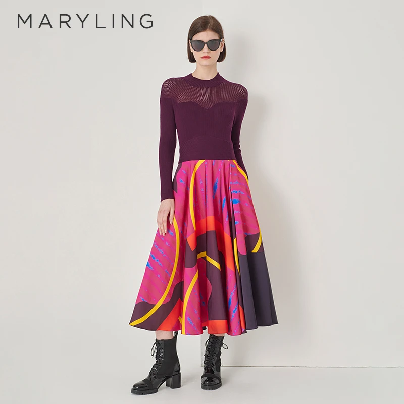 MARYLING玛俪琳冬季肩部镂空设计印花针梭长款连衣裙A1DHW62300