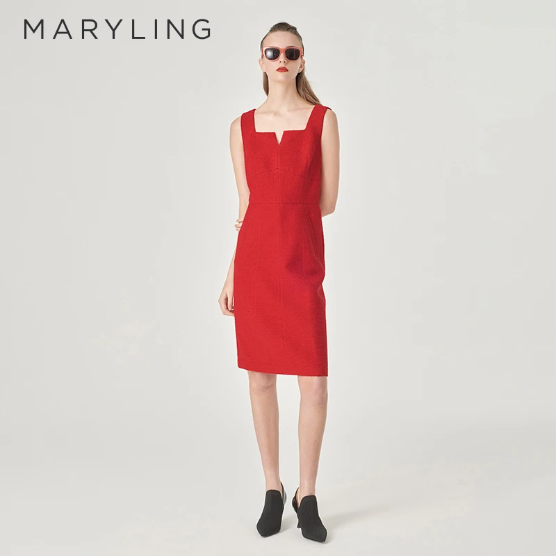 MARYLING玛俪琳2024初春新品新年V领粗花呢背心连衣裙A1EAW61350
