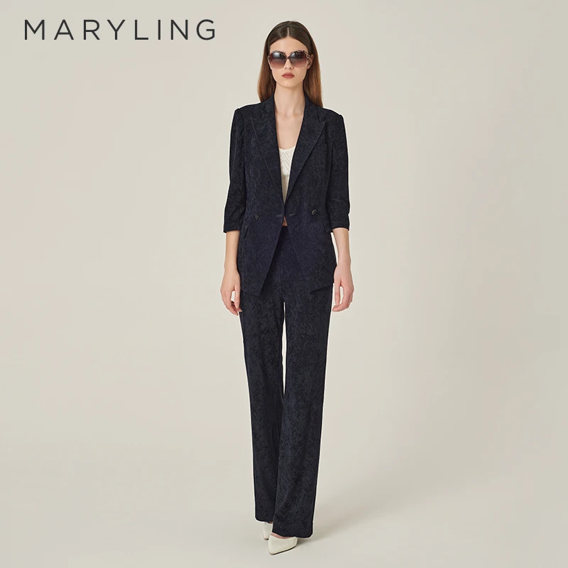 MARYLING玛俪琳2024初秋新品复古深蓝色丝绒阔腿长裤A1EFW51021