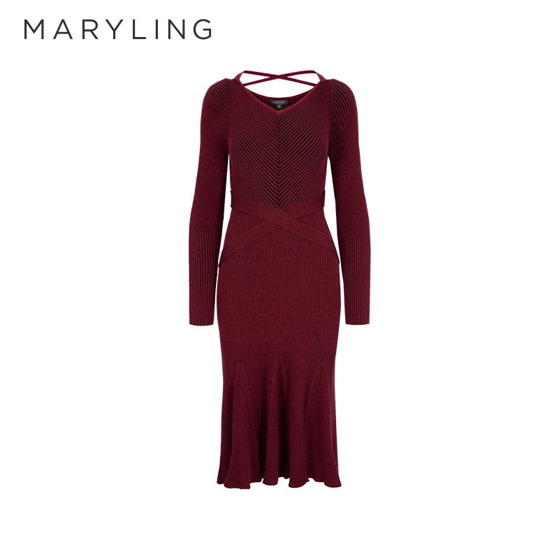 MARYLING玛俪琳秋季酒红色V领针织鱼尾羊毛新年连衣裙A1DGW04320