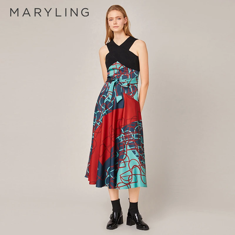 MARYLING玛俪琳2022秋季抽象印花交叉设计针梭连衣裙A1BGW66180