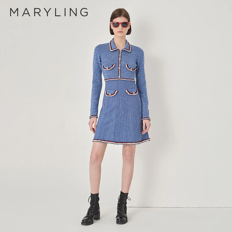MARYLING玛俪琳初秋复古气质雾蓝色翻领多口袋连衣裙A1DGW04620