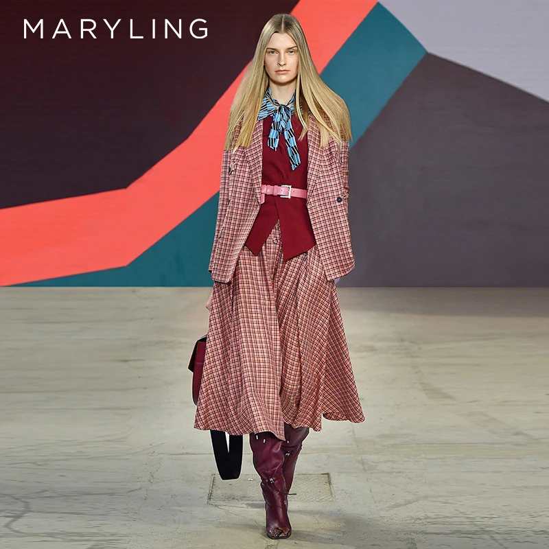 MARYLING玛俪琳秋冬优雅复古粉杏千鸟格羊毛半身裙女A1BGW75030