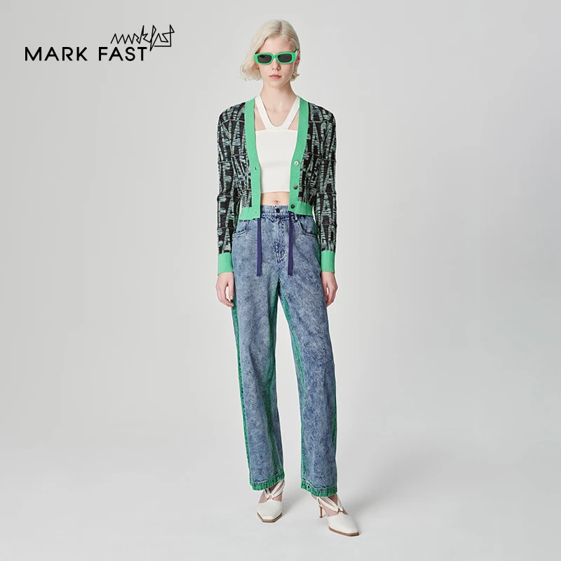 MARKFAST设计师品牌绿色logo提花V领针织开衫女2024春M1EAW08060