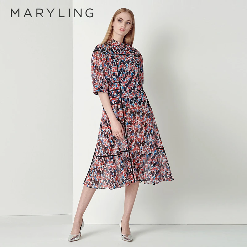 MARYLING玛俪琳女装时尚黑色撞色气质碎花女装连衣裙A1CFW61980