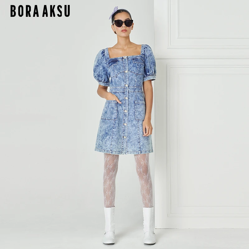 BORAAKSU春夏休闲复古街头风水洗牛仔方领短袖连衣裙女B1DCW64020