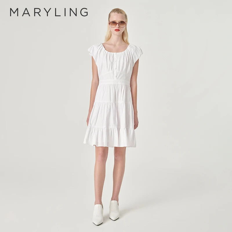 MARYLING玛俪琳2024夏季新品甜美白色泡泡袖褶皱连衣裙A1EDW65100