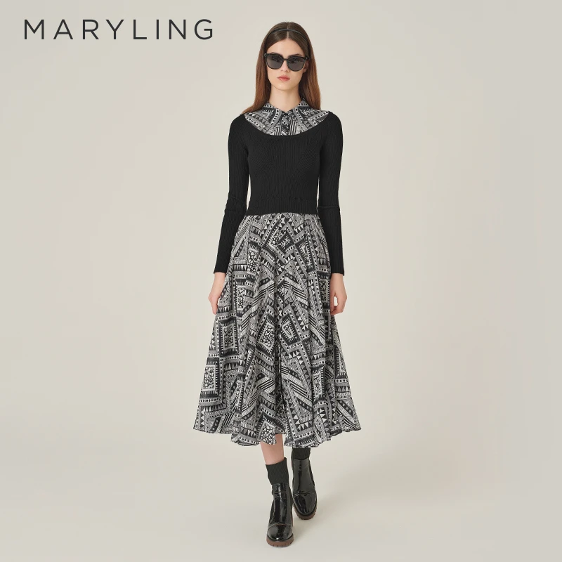 MARYLING玛俪琳2024秋季新品衬衫式针梭配印花连衣裙A1EGW62660