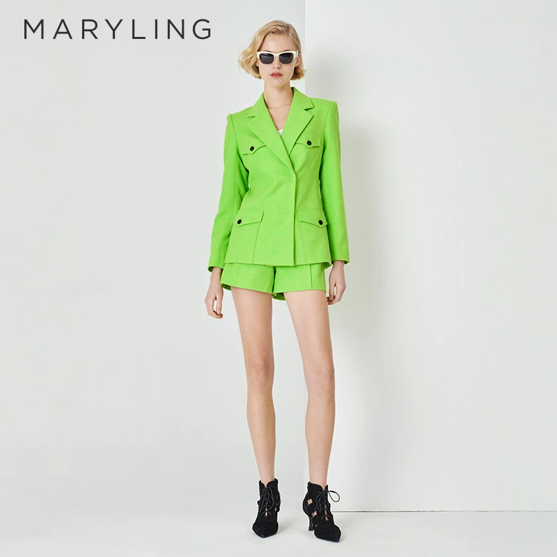 MARYLING玛俪琳春季时尚优雅草绿色口袋西装直筒女短裤A1DBW58020