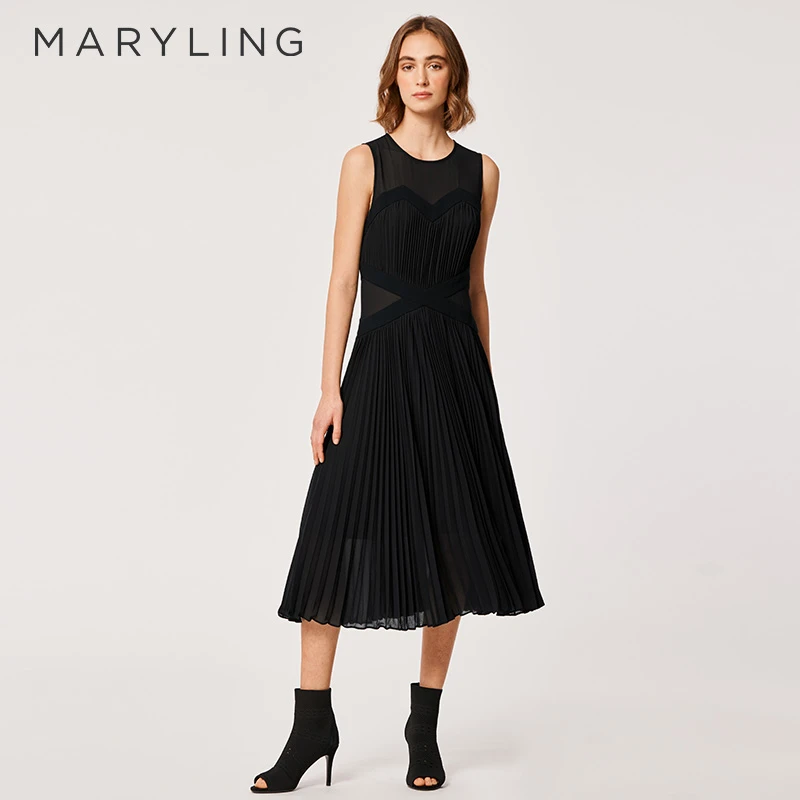 MARYLING玛俪琳女装夏季秀场同款黑色乔其纱百褶连衣裙A1BC61131