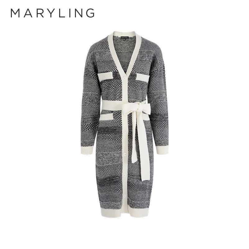 MARYLING玛俪琳秋季渐层浅灰长款系带宽松针织外套女A1DGW08430