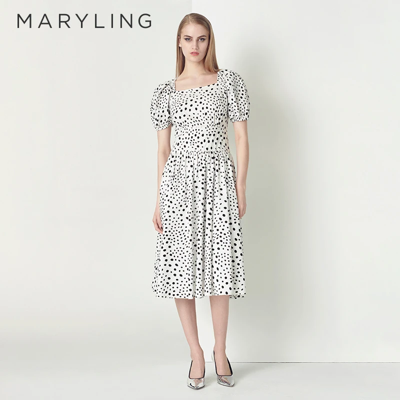 MARYLING玛俪琳春季清新时尚黑白色复古女士波点连衣裙A1CFW61140