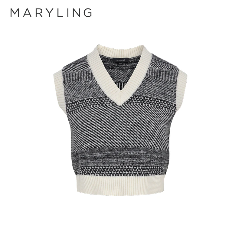 MARYLING玛俪琳秋季日常百搭渐层浅灰短款针织V领背心A1DGW02270