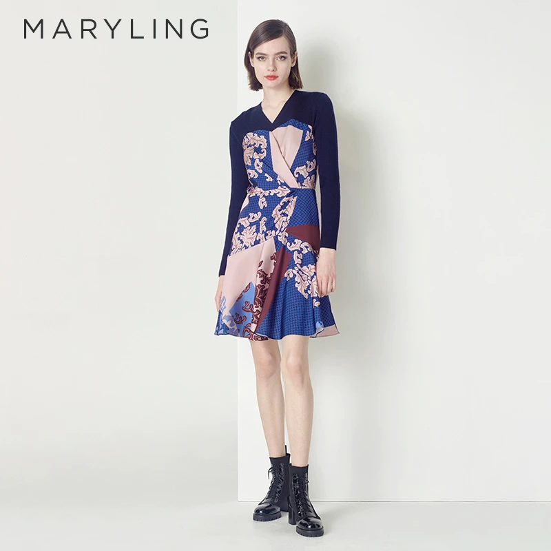 MARYLINGMARYLING玛俪琳蓝底粉花气质连衣裙春季修身A1CGW61960