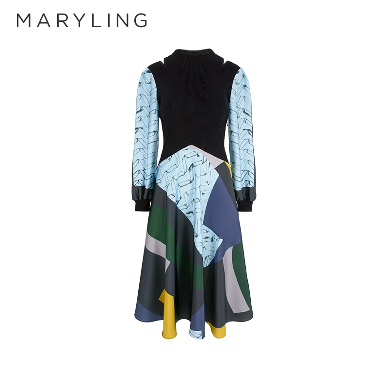 MARYLING玛俪琳2024秋季新品小高领针梭印花连衣裙女A1EGW62250