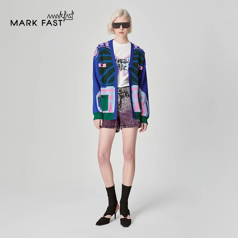 MARKFAST设计师品牌深蓝手绘印提花针织开衫女2024春M1EAW08000