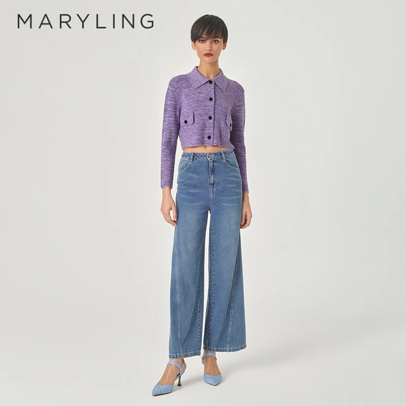 MARYLING玛俪琳2024春新品时尚学院风翻领短款针梭开衫A1EBW09150