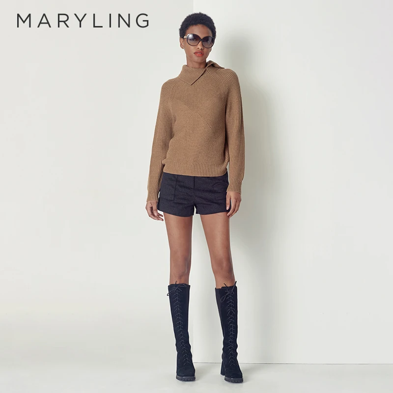 MARYLING 玛俪琳纯色时尚不对称衣领上衣复古针织衫A1CHW01200