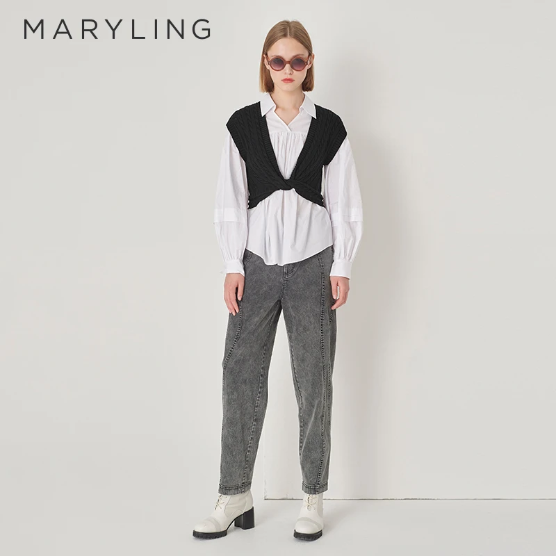 MARYLING玛俪琳秋季日常休闲黑色V领短款羊毛针织背心A1DGW07610