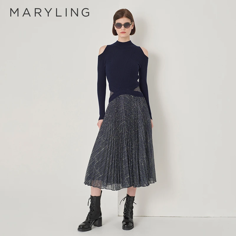 MARYLING玛俪琳冬季优雅精致高领露肩针梭收腰连衣裙A1DHW62210