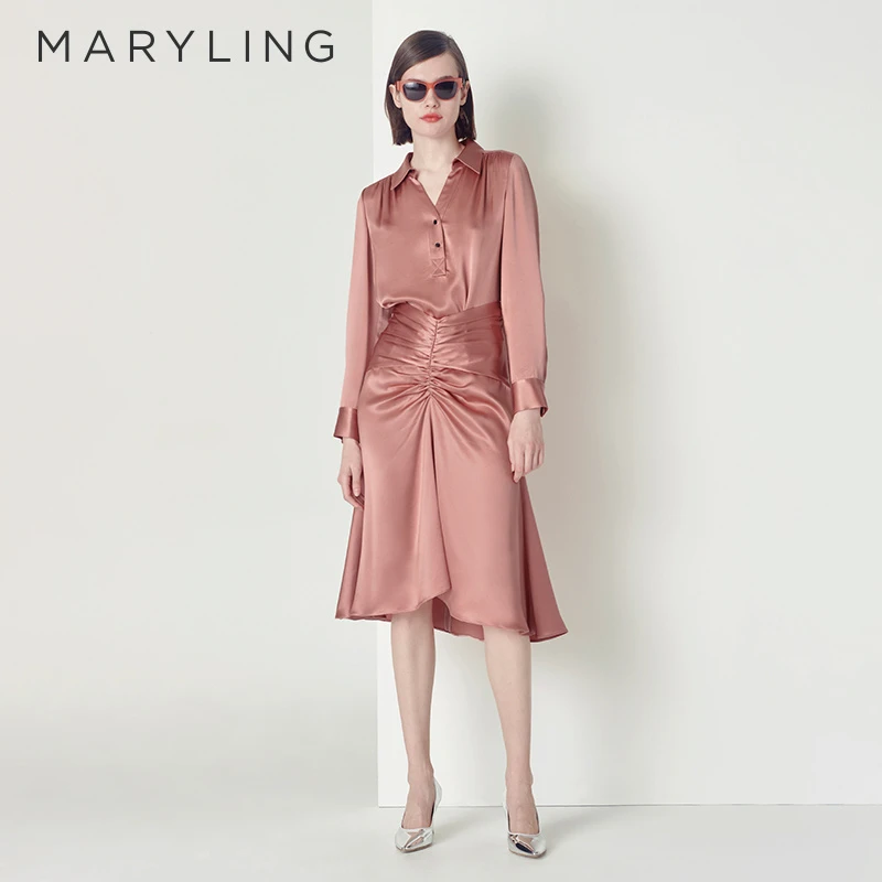 MARYLING玛俪琳时尚秋季雾粉褶皱鱼尾半身裙醋酸鱼尾裙A1CFW72010