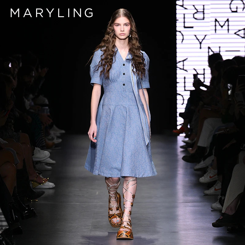 MARYLING玛俪琳时尚气质休闲高腰V领印花牛仔连衣裙女A1DBW62750