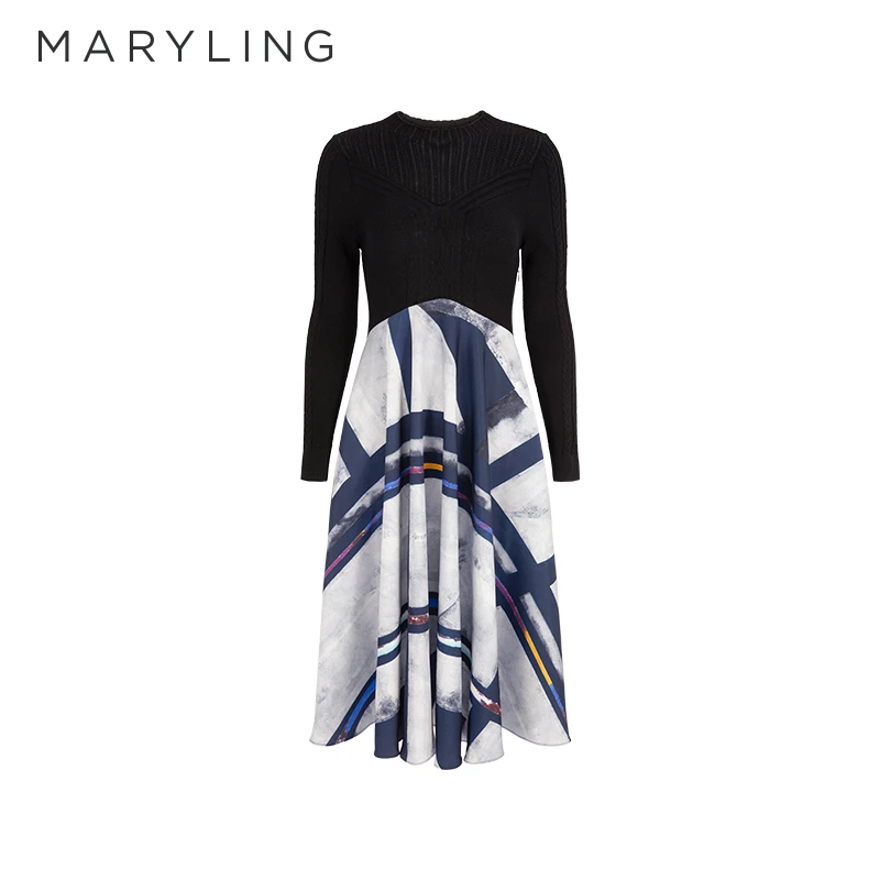 MARYLING玛俪琳2024初冬新品灰蓝色彩色条印花连衣裙A1EHW62600