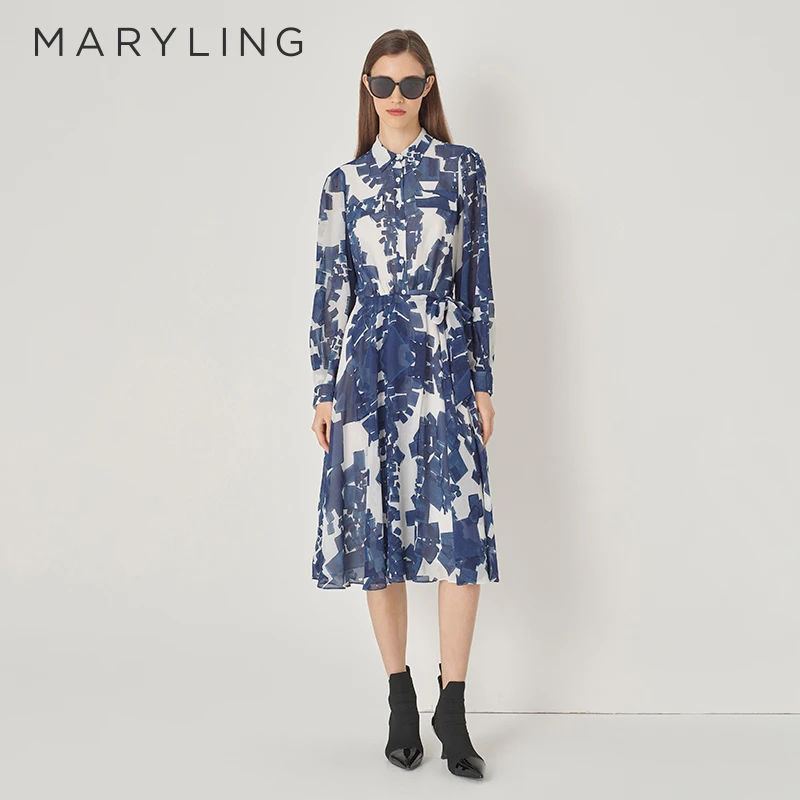 MARYLING玛俪琳春夏时尚蓝白印花沙砾衬衫领A字连衣裙A1DFW61540