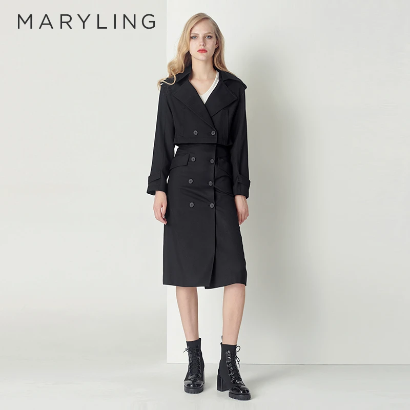 MARYLING玛俪琳秋季黑色显瘦经典双排扣高腰半身裙女A1CGW72050