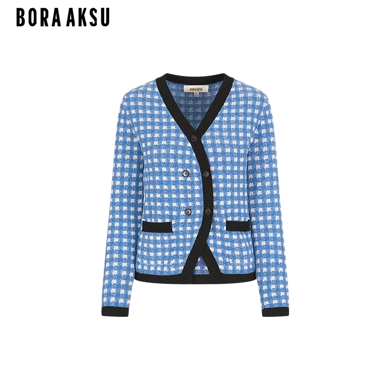 商场同款BORA AKSU秋季新品法式V领蓝白格纹针织开衫B1EGW08800